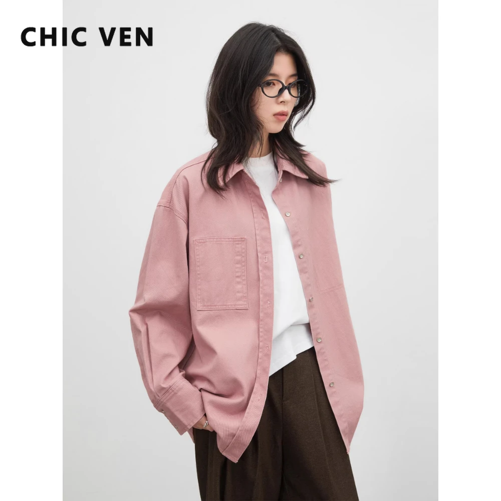 

Модная женская рубашка CHIC VEN: свободная повседневная розовая блузка с длинным рукавом из винтажного хлопка, весна-лето 2026, женская куртка