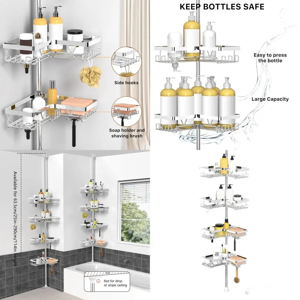 

4-уровневый регулируемый душевой органайзер с крючками и держателями для мыла, 25-114,2 дюйма, из нержавеющей стали, для дома