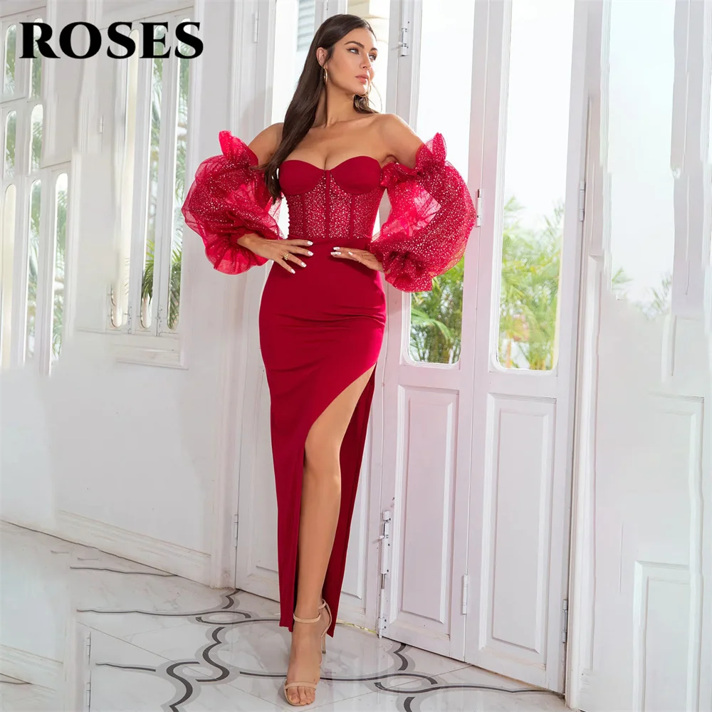 

ROSES Sheath Off the Shoulder Burgundy Party Dress with Beading Mermaid Sexy Stain Evening Dresses Corset Sequin Prom Dresses