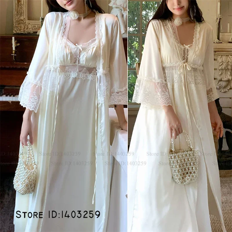 Female Twinset Robe Set Elegant French Style Lace Bathrobe Gown Sleepwear Sexy Lingerie Suspender Nightgown Silky Satin Homewear view 2