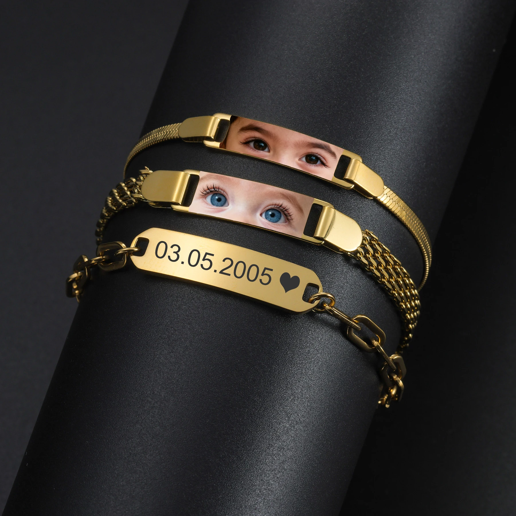 

Personalized Custom Colorful Eyes Bracelets for Kids Baby Stainless Steel Engraved Name Text Eye Photo Kid Bracelet Jewelry Gift