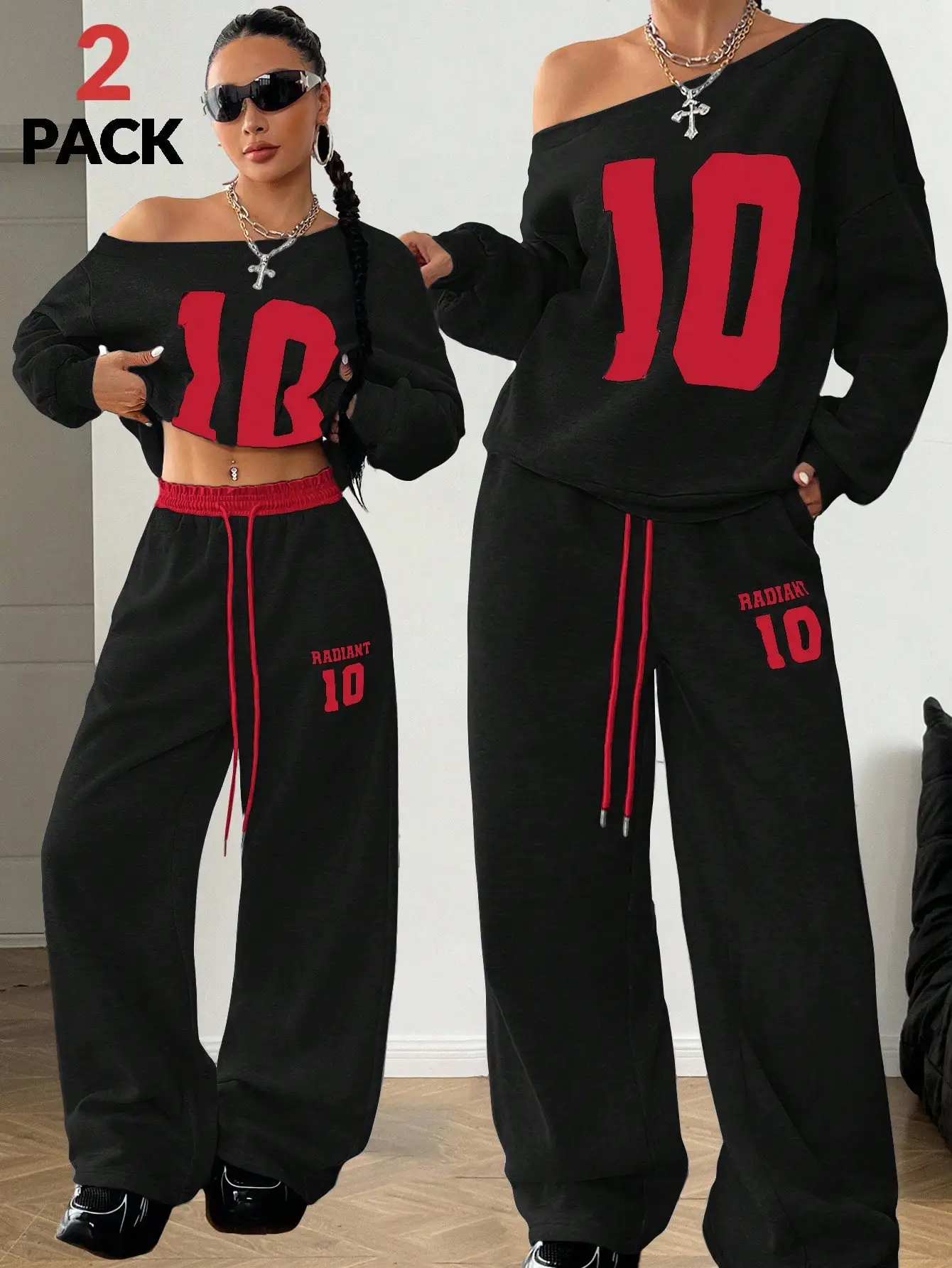 BWQ الفتيات الشتاء Y2K Preppy ارتداء اليومي عدد ملابس منقوشة بكم طويل البلوز وحزام مطاطي أبيض واسعة الساق Sweatpants #6