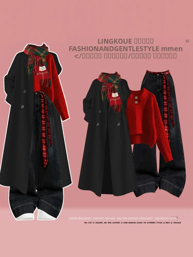 

Корейский женский комплект футболок большого размера, осень-зима, красный вязаный свитер, винтажное джинсовое пальто, повседневное модное ансамбль...