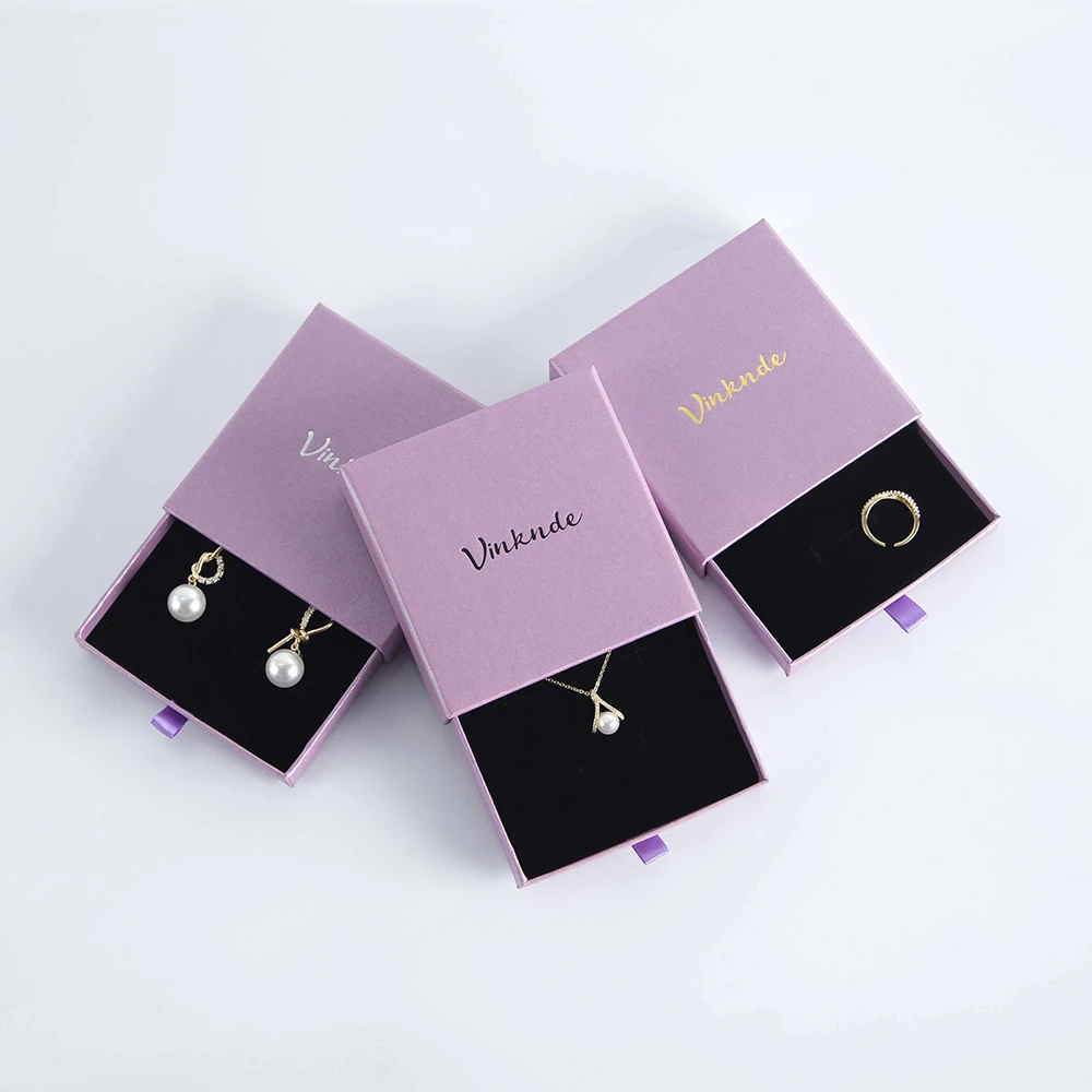 100 Pack Cardboard Drawer Display Jewelry Boxes Custom Logo 7x7x2.5cm Purple Thick Paper Pendants Earrings Necklaces Gift Box