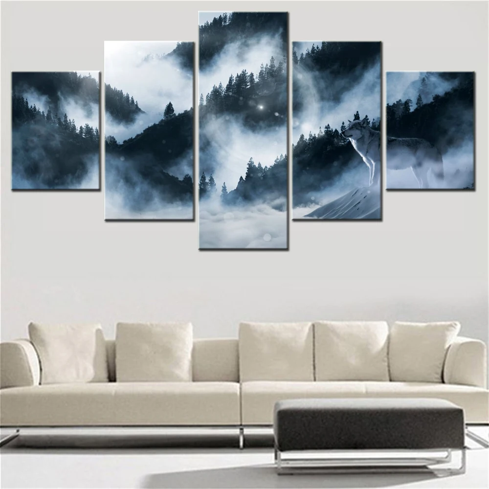 

5 Pieces Canvas Wall Arts Poster Painting Animals Arctic Wolf Winter Wallpaper Home Decor Picture Printing For Living Room Mural