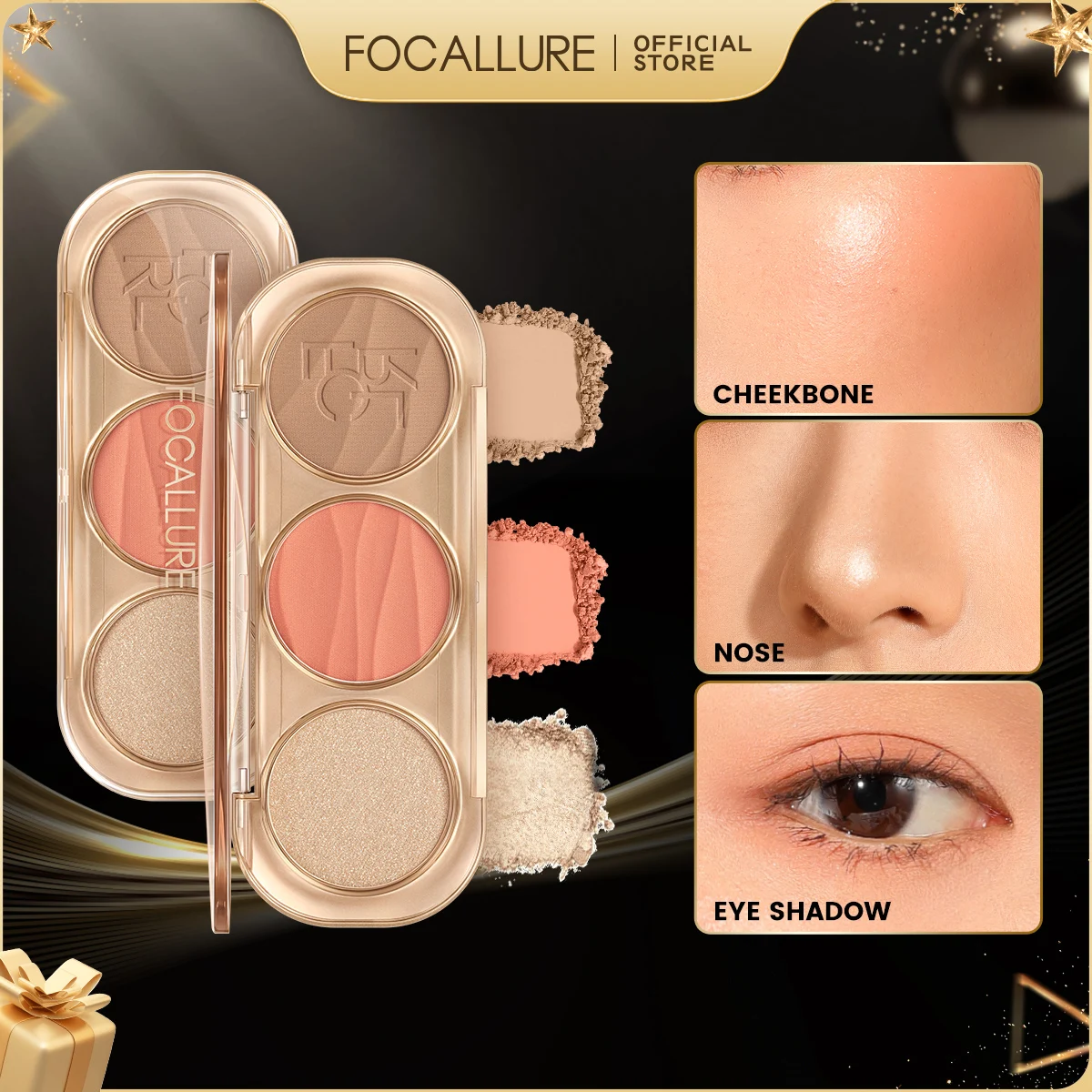 

FOCALLURE 3 In 1 Pearlescent Highlighter Contour Blush Palette Multi-Use 3D Matte Face Contour Blusher Makeup Powder Cosmetics