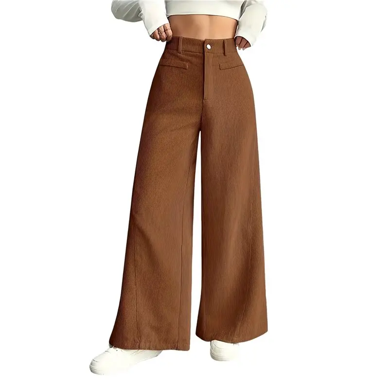 

Женские вельветовые брюки CYL: повседневные, с высокой талией, на одной пуговице, эластичные, свободного кроя, широкие штанины, с карманами