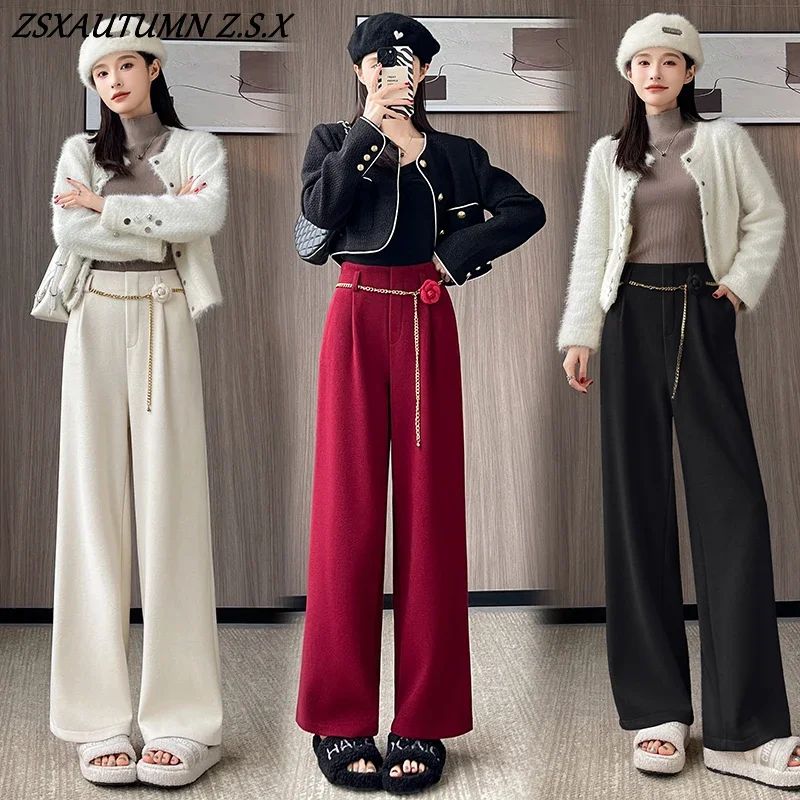 

Woolen Camellia Wide Leg Pants Women Autumn Winter New Harajuku High Waist Casual Solid Color Female Straight Trousers