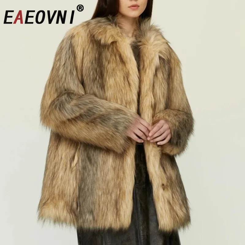 

EAEOVNI Autumn Winter Fashion Brown Fur Jacket Women Vintage Keep Warm Loose Outerwear Coat Streetwear 2025 New Clothing