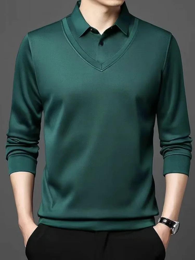 

Мужская демисезонная футболка премиум-класса с воротником-стойкой, повседневная, с принтом и вставками