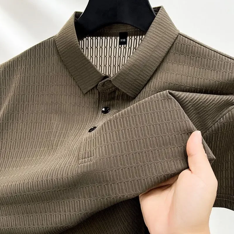 Summer Polo Shirt Men's Short Sleeve Button Lapel Lightweight Streetwear Sport Casual Tops Jacquard Breathable Cool T-shirt