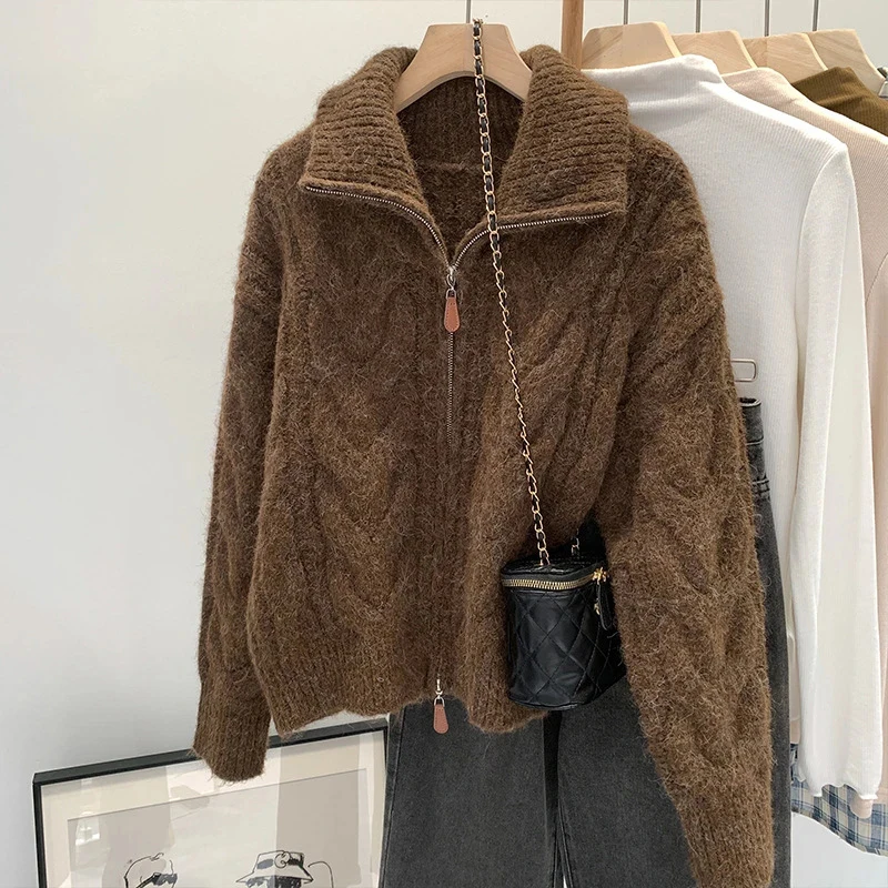 Women Cable Knit Zip Up Cardigan Lapel Collar Sweater Oversized Drop Shoulder Jumper Cozy Warm Autumn Winter Coat Top