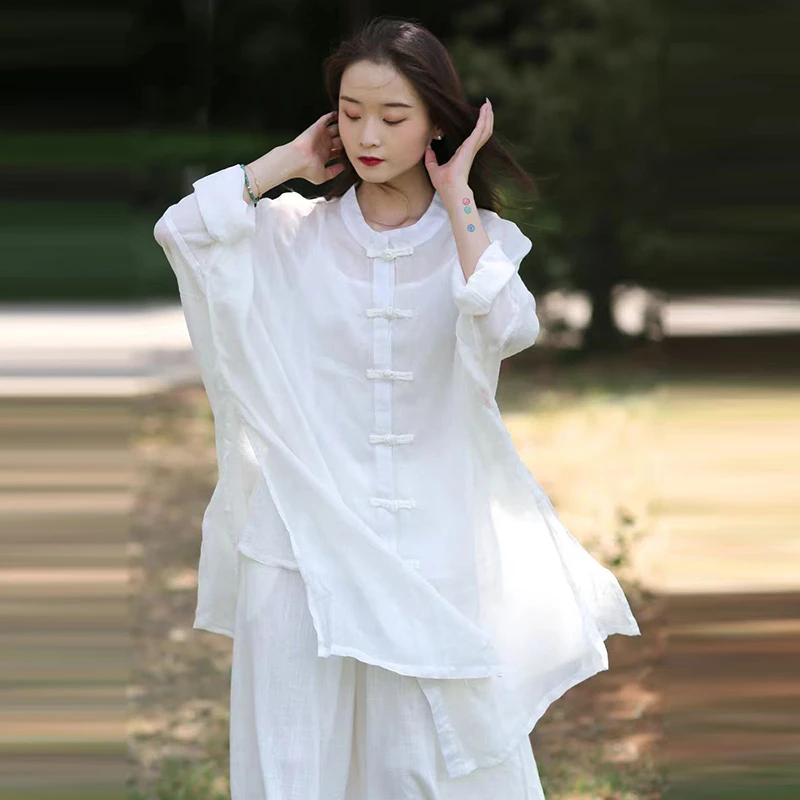

Весна-лето в китайском стиле, женские свободные повседневные блузки с воротником-стойкой, винтажные однобортные длинные рубашки Ramie, хорошее качество TJ33