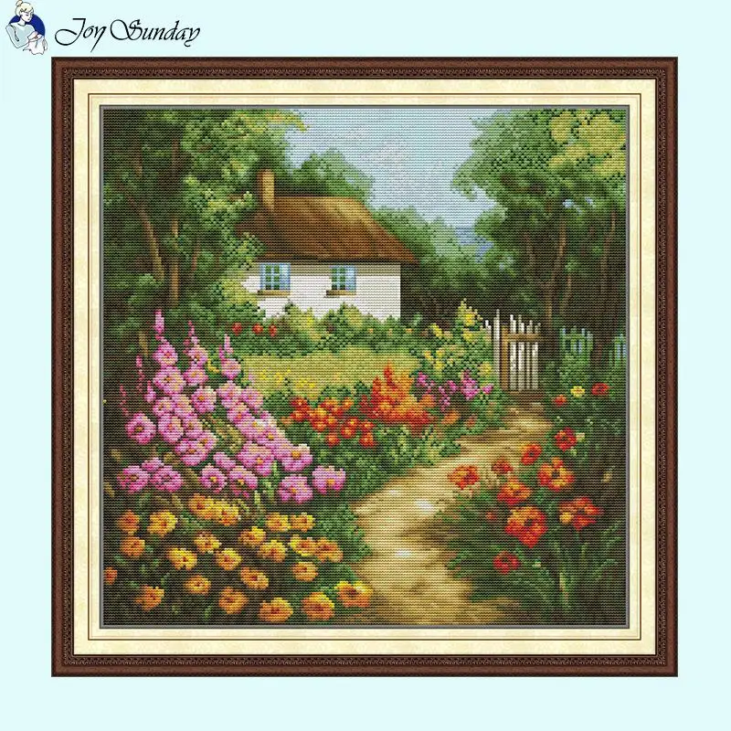 Garden Cottage Scenery Cross Stitch Set 14 11 16CT Stamped Canvas Needlework Sewing Kits DIY Hand Embroidery Home Decor Crafts