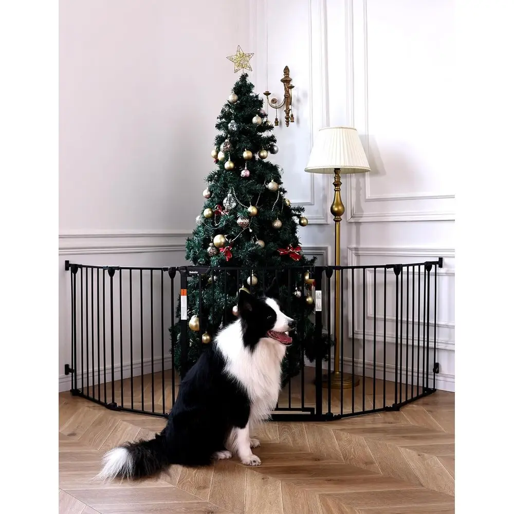 

Автоматически закрывающаяся ворота для домашних животных высотой 30 дюймов, шириной 102 дюйма - крепление на ступеньки и дверные проемы, складные, 5-панельные, черные, для использования внутри помещений.