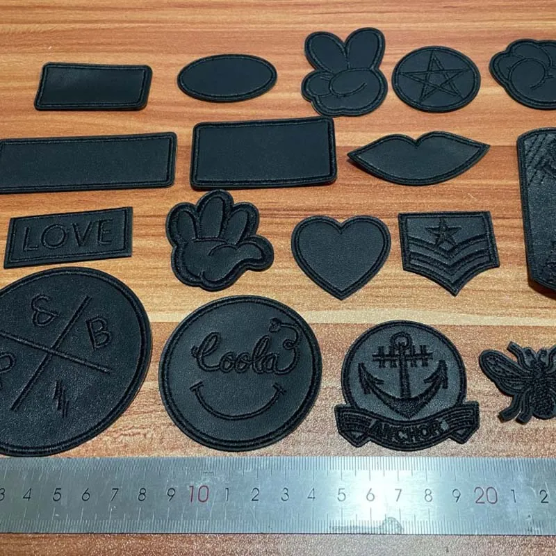 6/17 Stück, Leder-Patch-Stickerei-Applikation, schwarze Abzeichen, selbstklebende Patches, Bügel-Transfer-Aufkleber für Kleidung, Jacken – Detail 3