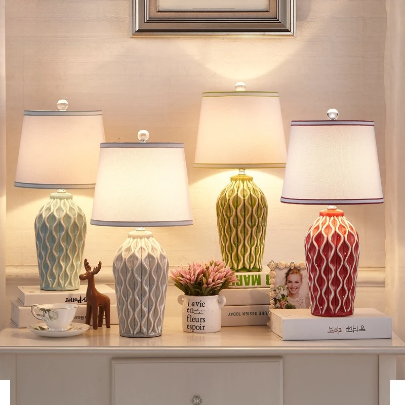 Nordic Minimalist Classical Ceramic Floor Lamp Bedroom Living Room Study Fabric Lampshade Creative Spiral Pattern LED Desk Light