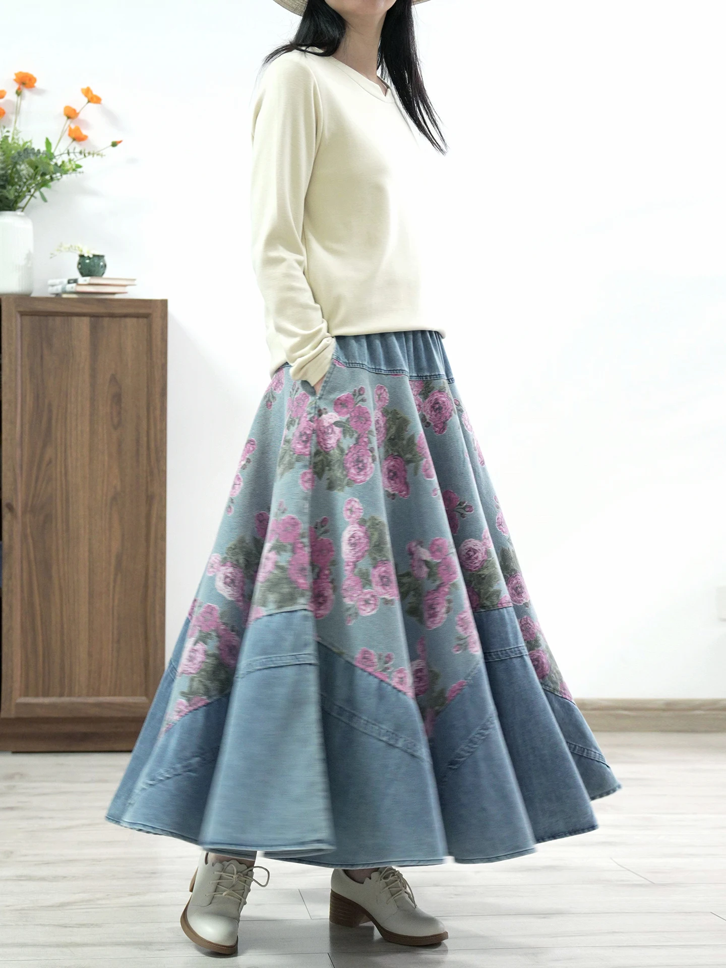 TIYIHAILEY Long Maxi Women Elastic Waist Winter Autumn Denim Skirt Lady Printed A-Line Patchwork Thick Jeans Blue Big Hem
