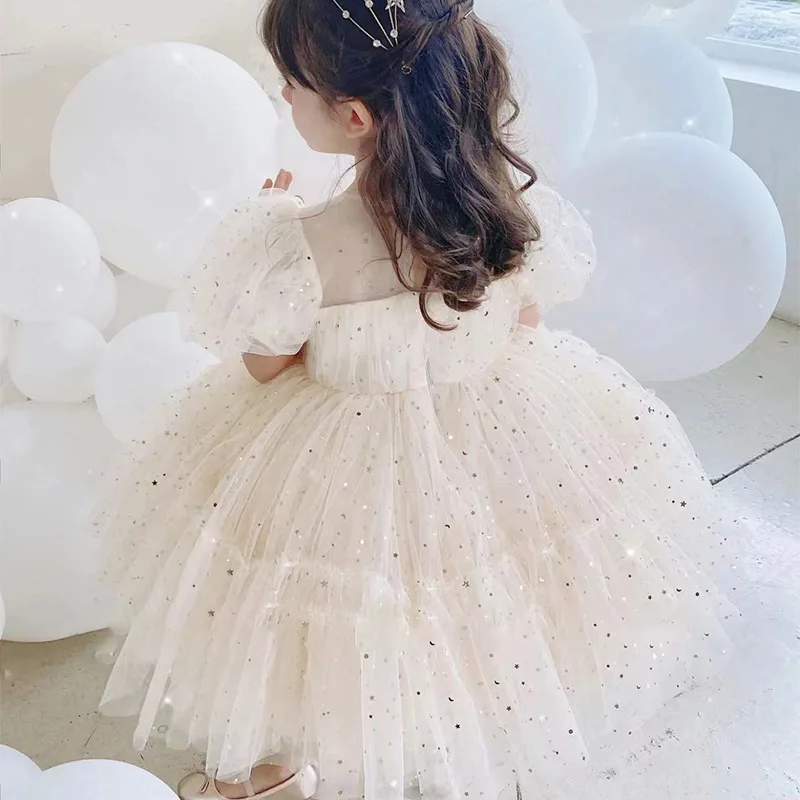 Baby Champagne Baptism Dress Cute Girl Sequin Puff Sleeve Fairy Ball Gown Newborn 1 Year Birthday Outfit Kids Formal Party Gown