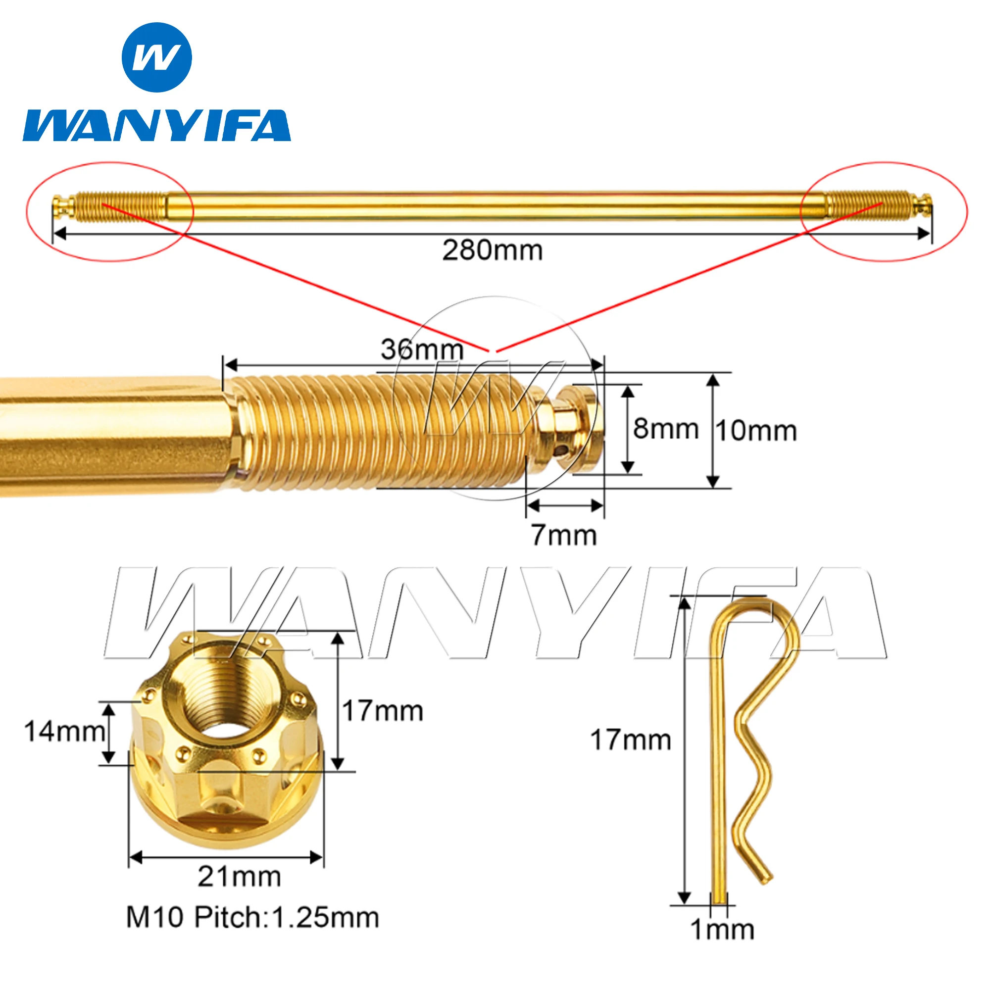 Wanyifa Titanium Wheel Axle M10x280mm Motorcycle Front Wheel Axle Core & Nuts Both Side Ti Wheel Hub for Honda Yamaha Suzuki