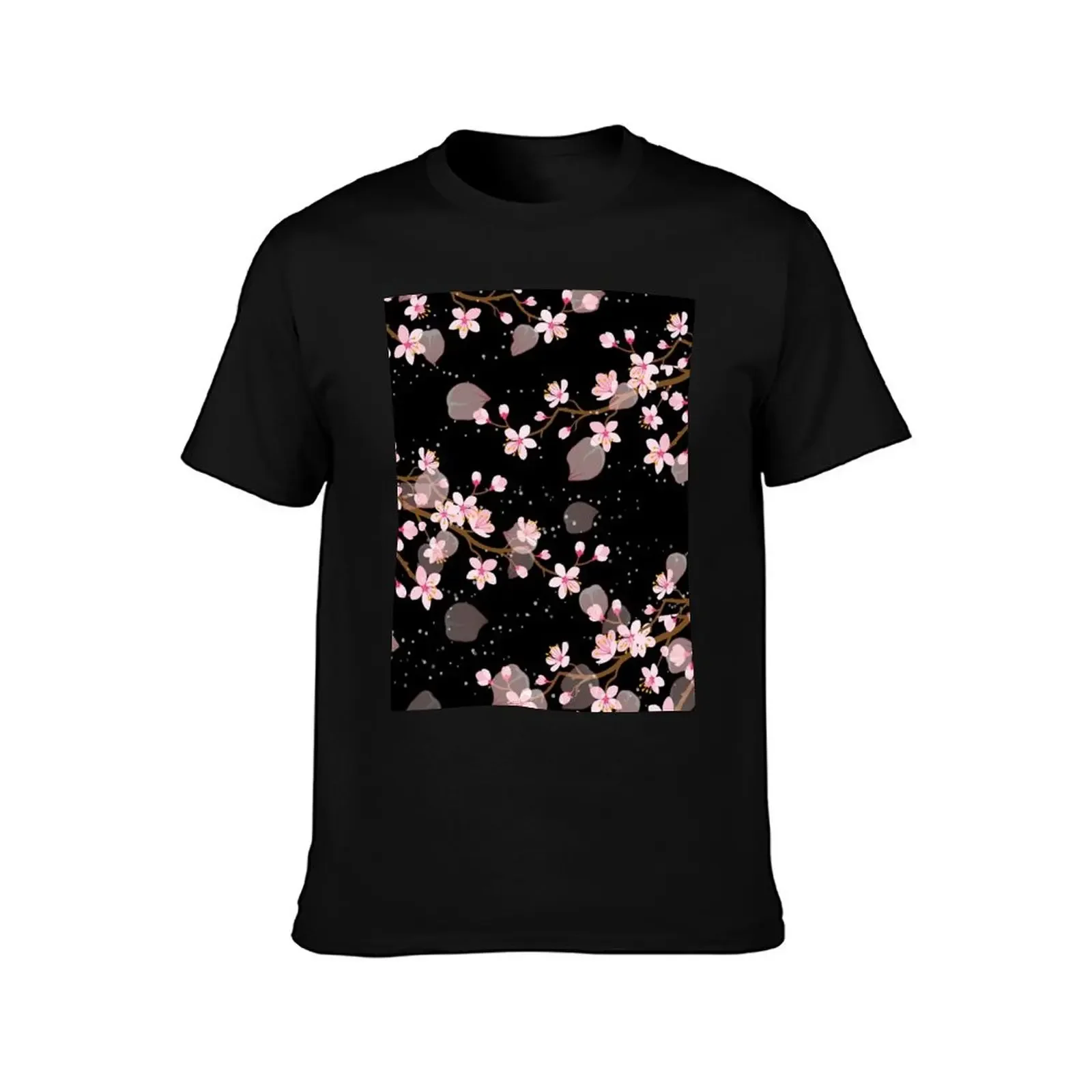 White and Pink Japanese Cherry Blossom Floral Seamless Repetition pattern on Black T-Shirt