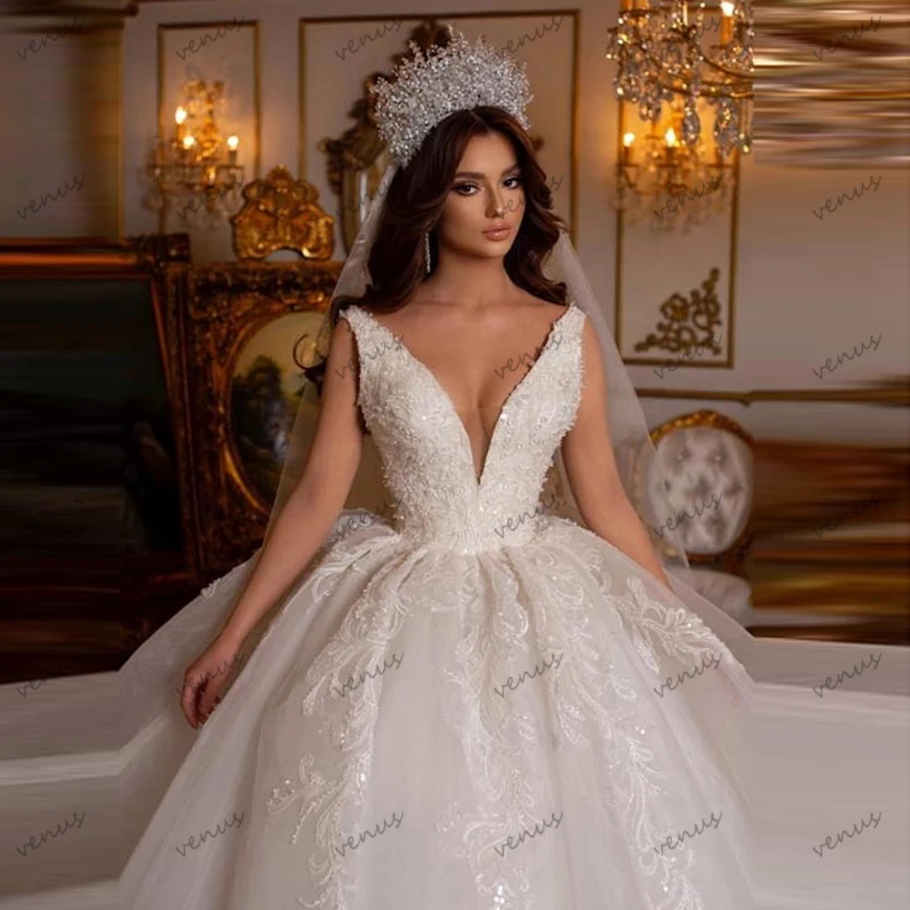 Glitzernde Brautkleider für Damen, A-Linie, Prinzessinnen-Brautkleider, tiefer V-Ausschnitt, bodenlange Roben, Vestidos De Novia, maßgeschneidert, 2026
