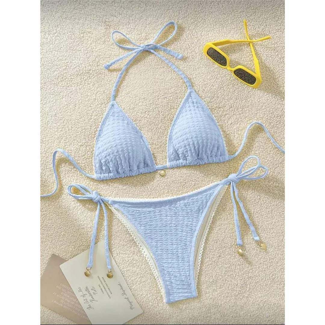Zweiteiliges Bikini-Set mit hoch geschnittenen Beinen, Badeanzug, Badebekleidung, geraffter, knitteriger Halter-Bikini, Damen-Badebekleidung, Damen-Badeanzug M125 – Detail 2