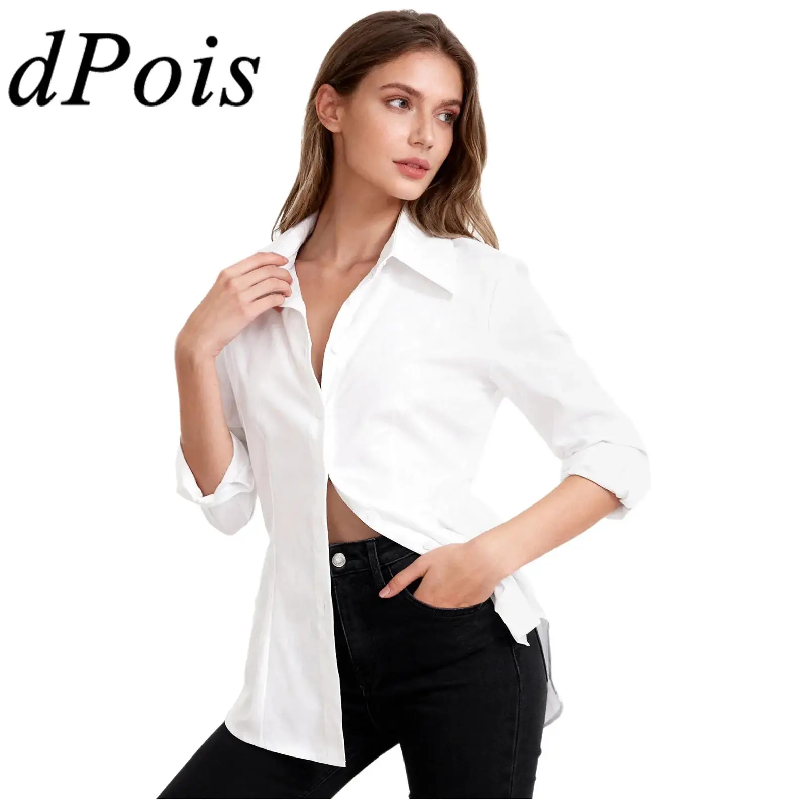 Camisas femininas ol camisa de manga longa lapela botão para baixo blusa femme rendas voltar magro básico topos trabalho de negócios roupas femininas do escritório