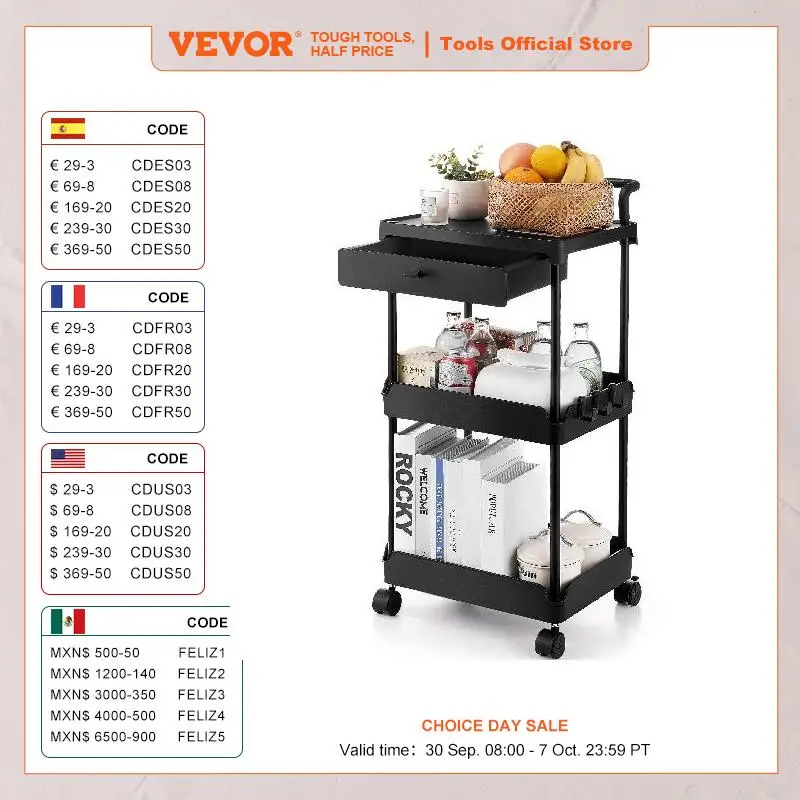 VEVOR 3-Tier Rolling Utility Cart Kitchen Storage Trolley with Drawer Handle for Office Living Room Movable Storage Organizer