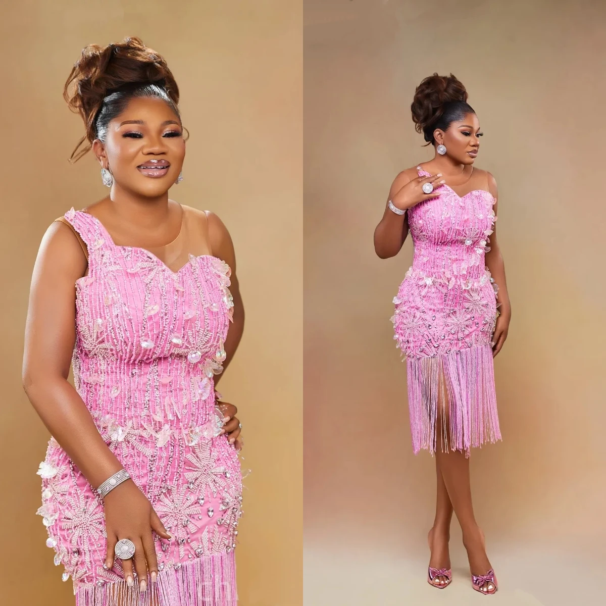 Perlenbesetzte Fransen-Abschlussballkleider mit 3D-Blumen und Strass, afrikanisches Aso Ebi Geburtstags-Cocktailkleid, kurzes Kleid, individuell anpassbar