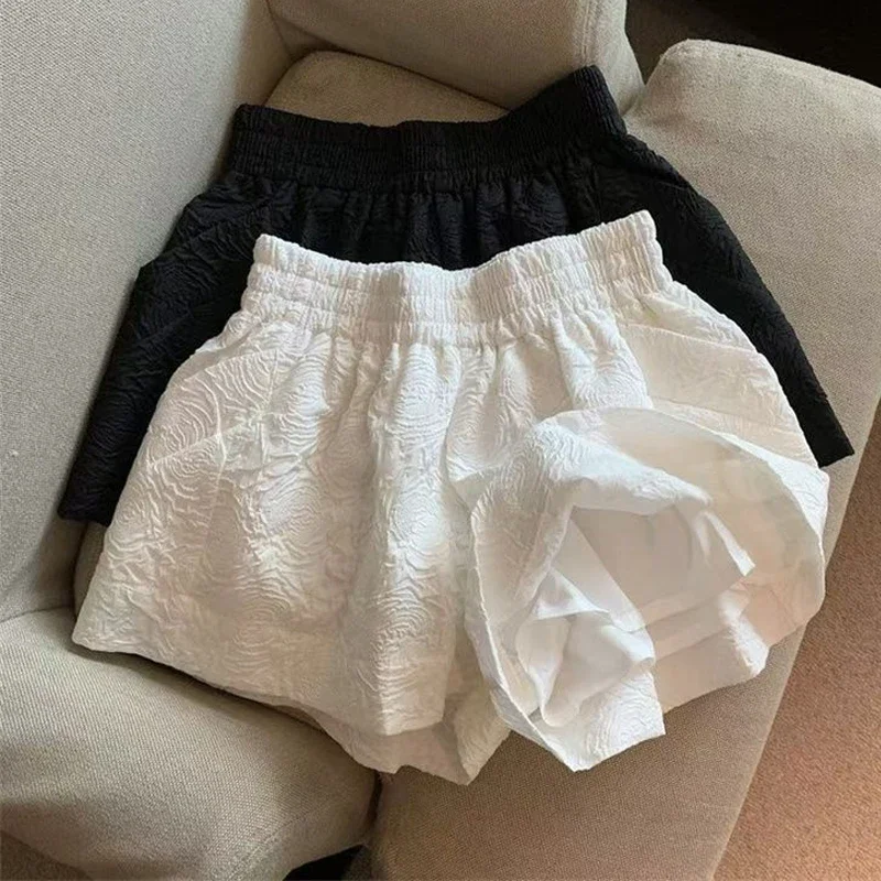 ブラックホワイトジャカードショーツ レディース 2025 夏 ウエストゴム ハイウエスト ポケット ワイドレッグショーツ ストリートウェア ハーフパンツ