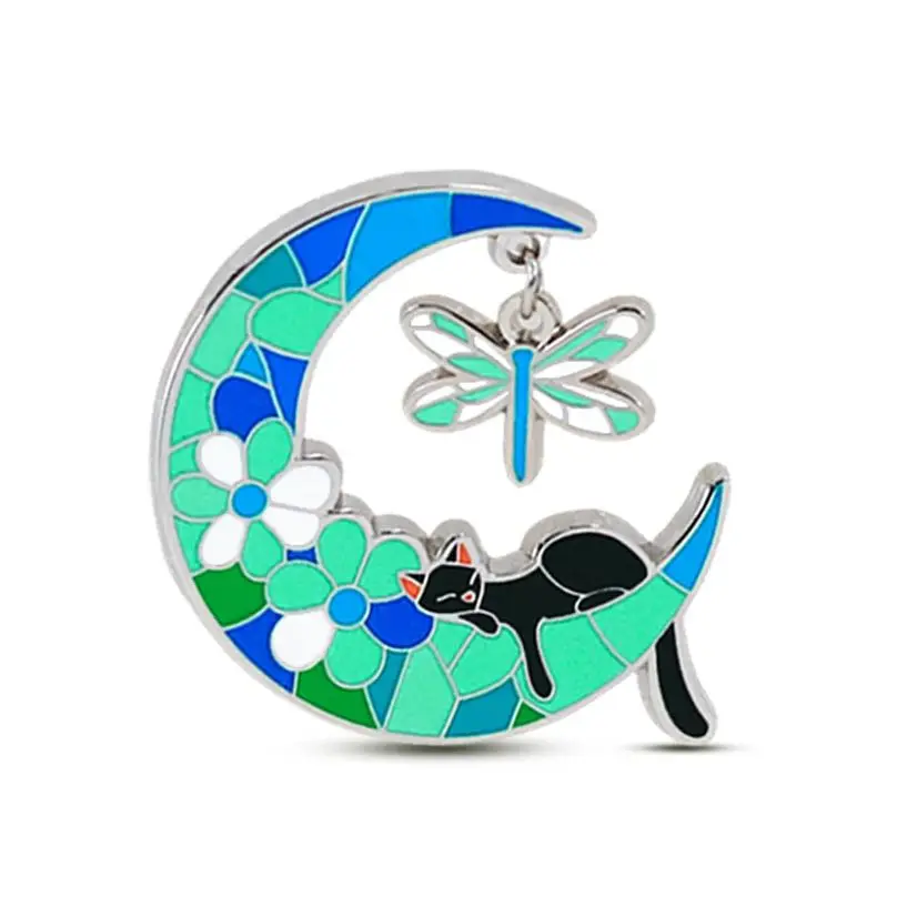 Black Cat Crescent Moon Dragonfly Suncatcher Enamel Pin Cats Lover Mystical Gothic Stained Pendant Accessory Mother'S Day Gift