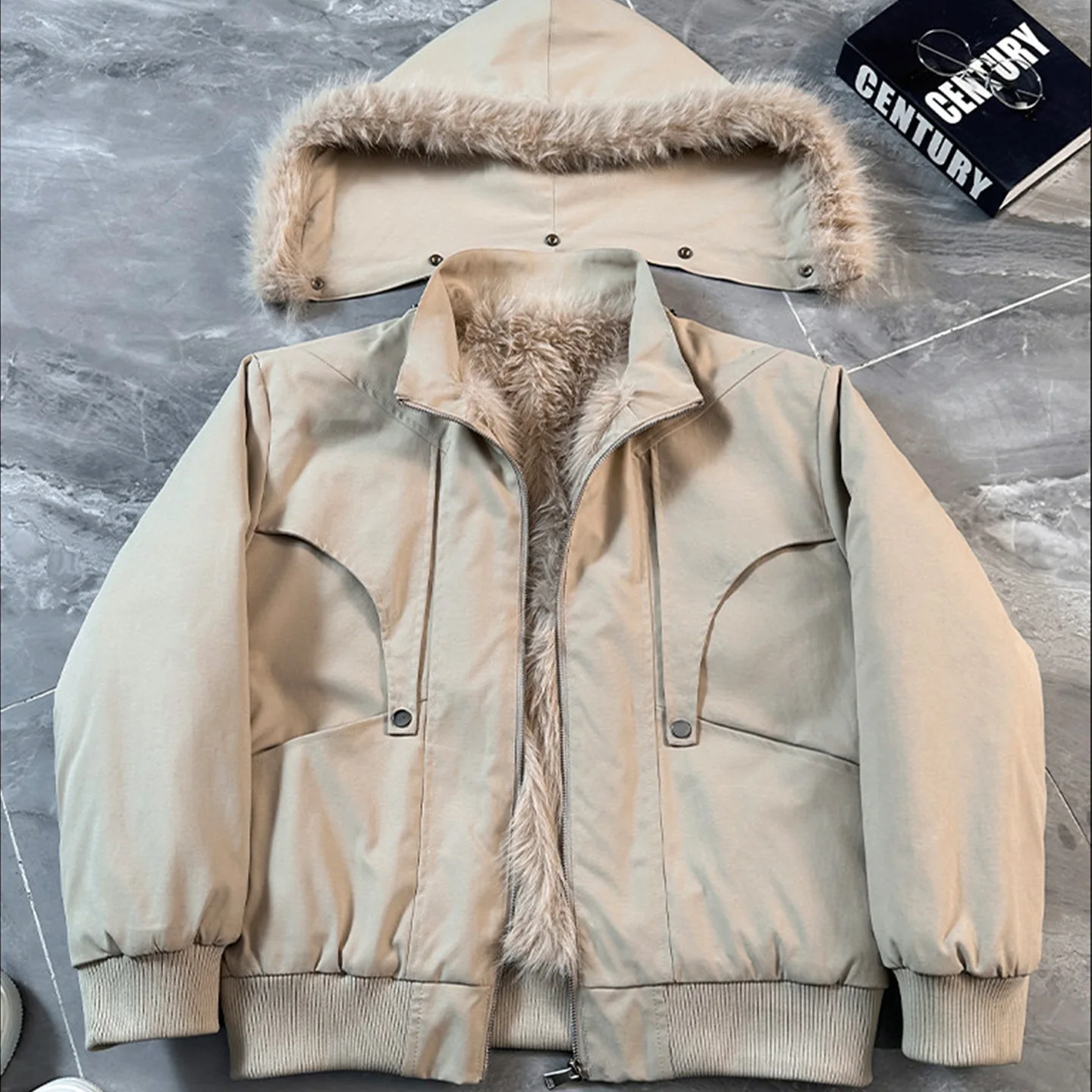 Oversized Men's Zip Up Hooded Winter Parka Jacket Detachable Faux Fur Collar Ribbed Cuffs Thick Warm Coat Casual Streetwear 2026