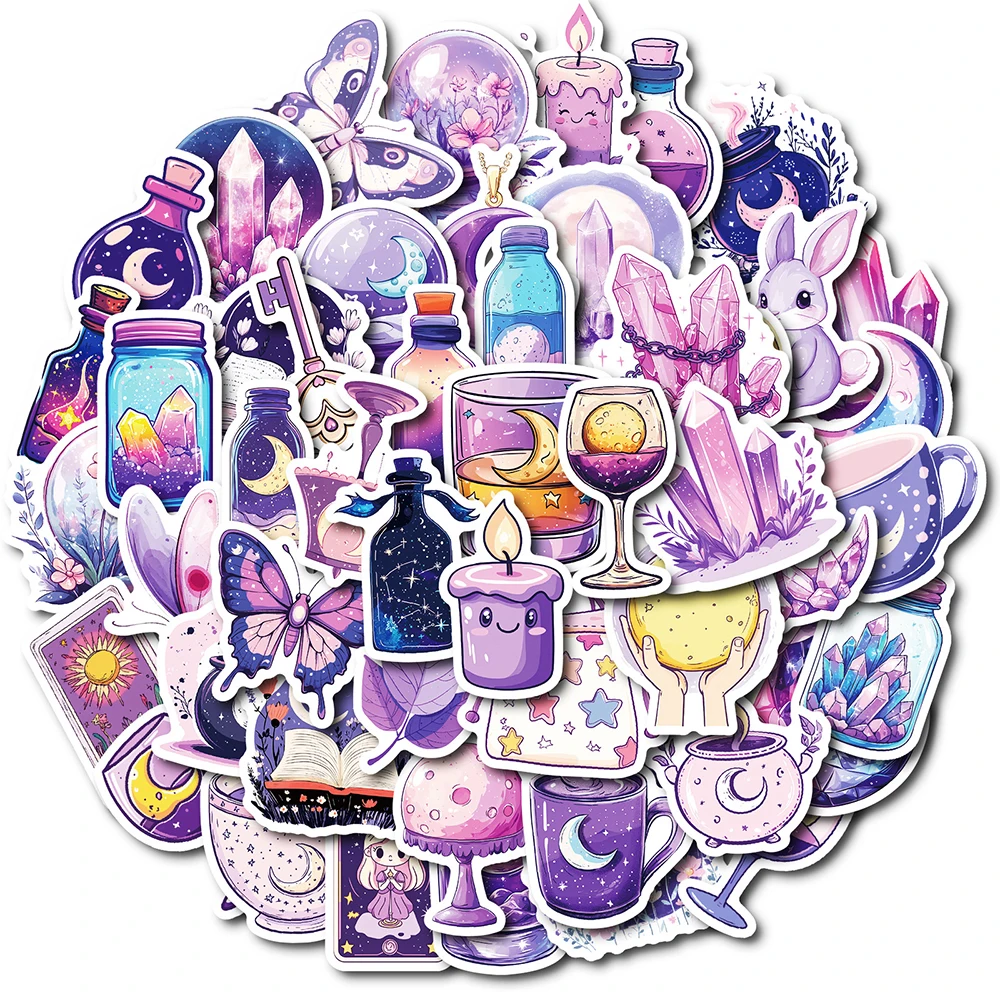 10/30/50pcs Cute Magic Purple Moon Aesthetic Stickers Decoration Cartoon Waterproof Graffiti Decals for Phone Case Luggage Diary