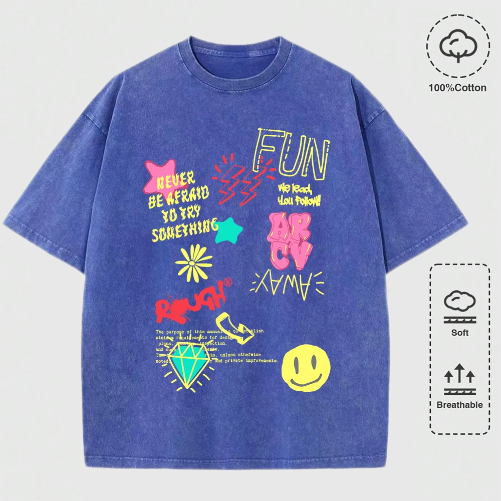 

Never Be Afraid To Try Something Print Men Washed T-Shirt Hip Hop Casual Soft Short Sleeve Loose Crewneck Top Cotton Man T Shirt