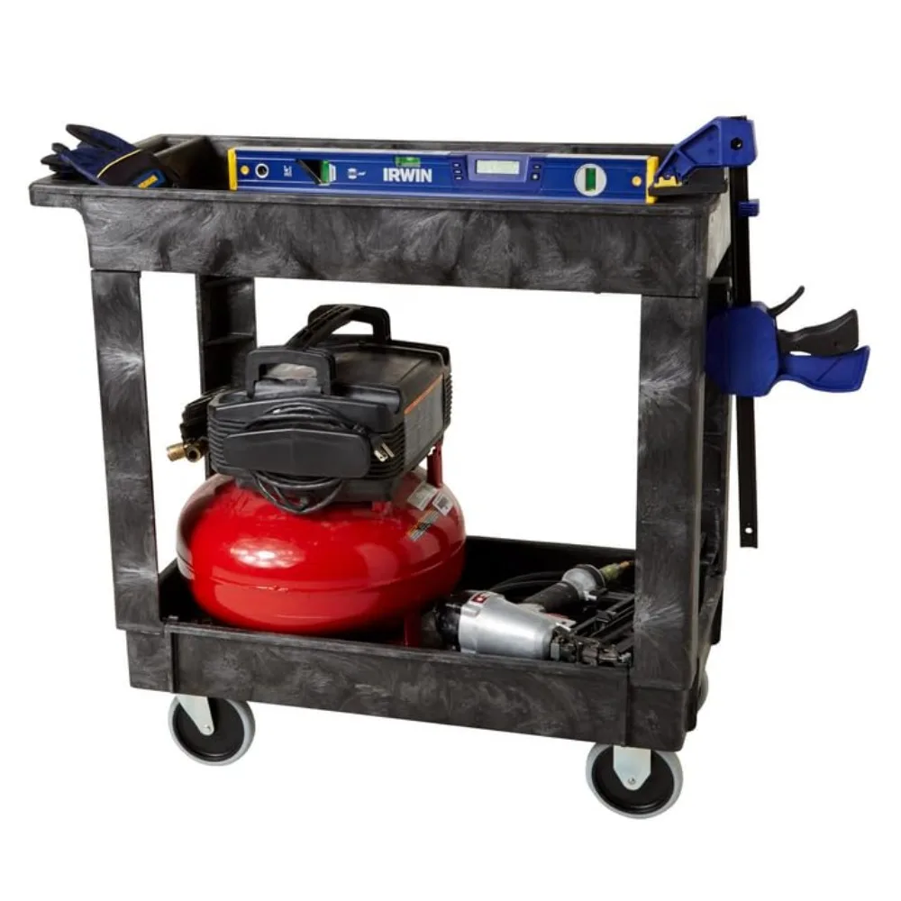 Wózek narzędziowy Rubbermaid Commercial, 2-poziomowy, z kółkami, udźwig 136 kg, czarny, półki z krawędzią i uchwytem