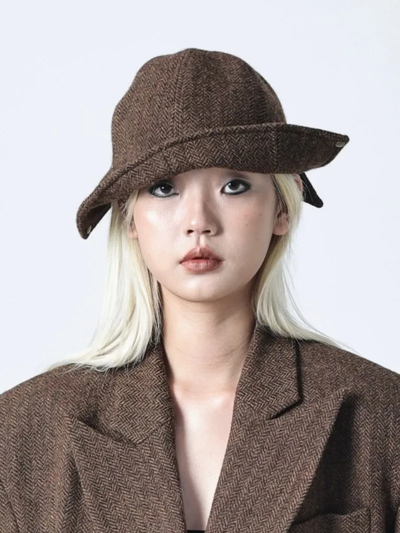 Women 100% Wool Bucket Hat, Original Maillard Retro Workwear Herringbone Hat, Irregular Flipped Brim Commute Fisherman Cap