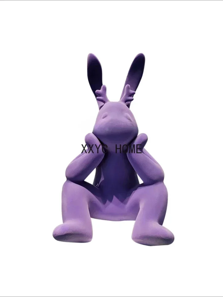 

Fiberglass Flocking Rabbit Floor Ornaments Sales Department Room Hotel Lobby Cartoon Thinking Rabbit Sculpture Art home decor