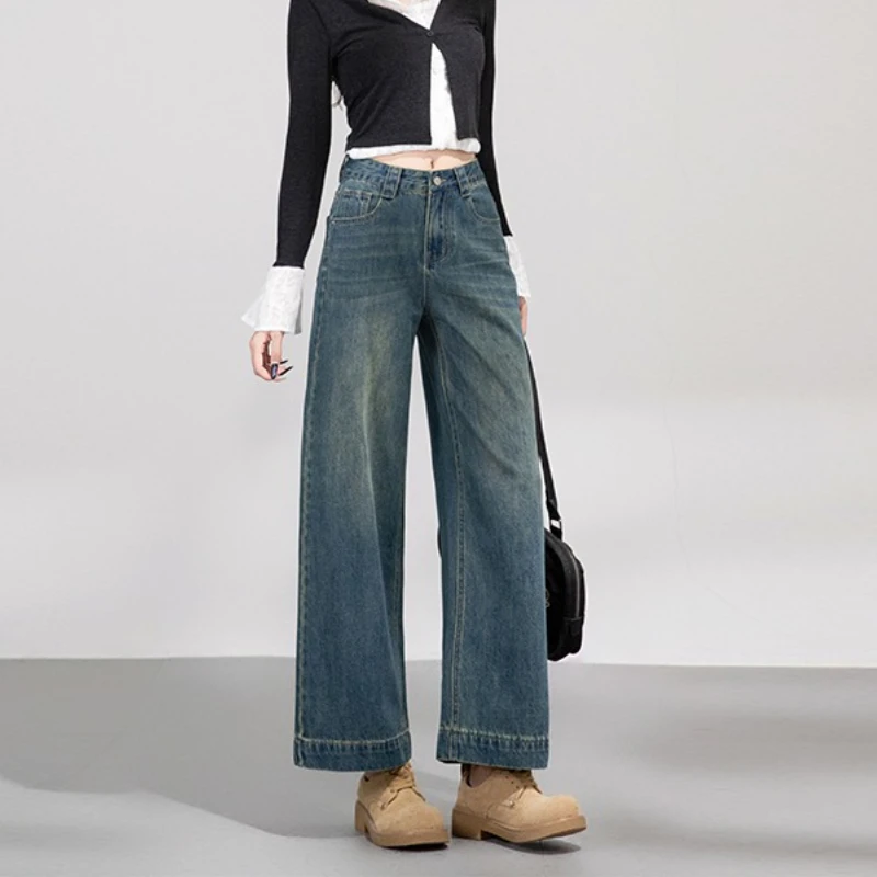 

Autumn New Vintage Blue Jeans for Petite Women High Waist Wide Leg Pants Slim Loose Straight Casual Cropped Pants