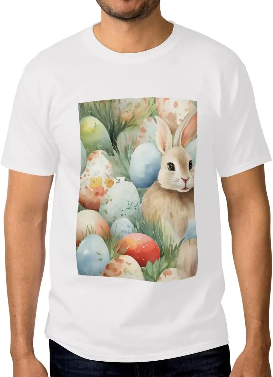 Mens T Shirt, Easter Rabbit in Grass Eggs Short Sleeve Tees High Quality 100%Cotton Short Sleeve