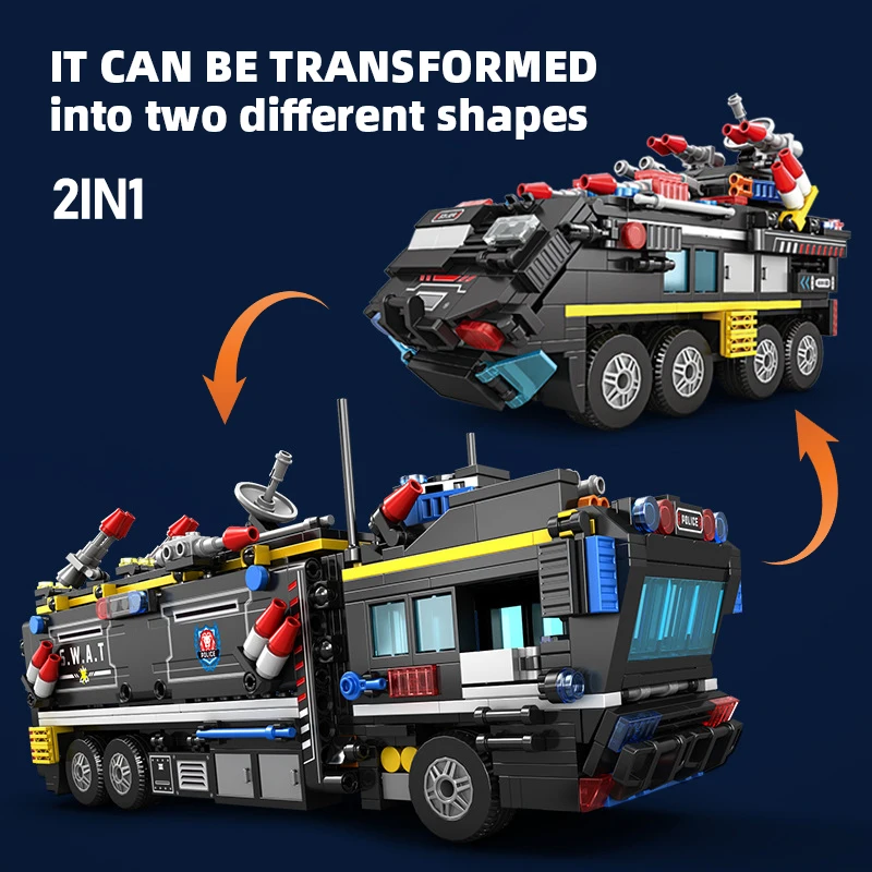 1100 Uds. Bloques de construcción de automóviles de estación de policía de ciudad MOC 2 en 1 SWAT equipo camión casa montar bloques Diy juguete para niños regalo