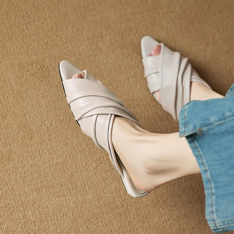 

2026 Women Shoes Peep Toe Summer Shoes Eleagant Half Slippers Light Yellow Flats Korea Style Satin Mules Trendy Daily Sandals
