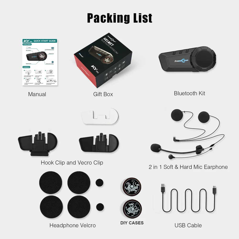 Motorcycle Intercom Freedconn KY Pro Helmet Bluetooth Headset 1000M Music FM Waterproof Group headphones 6 Riders For Motor Bike