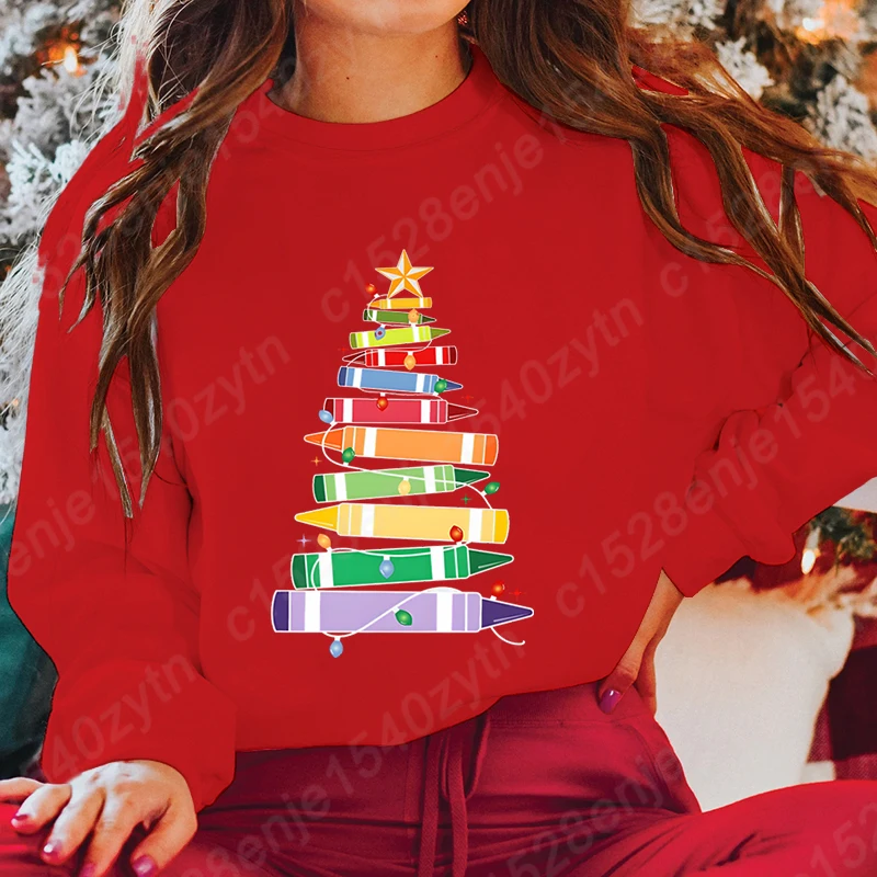 Christmas Light Teacher Crayon Tree Print O Neck Sweatshirt Fashion Women Sweatshirt Casual Pure Color Ladies Hoodeless Pullover