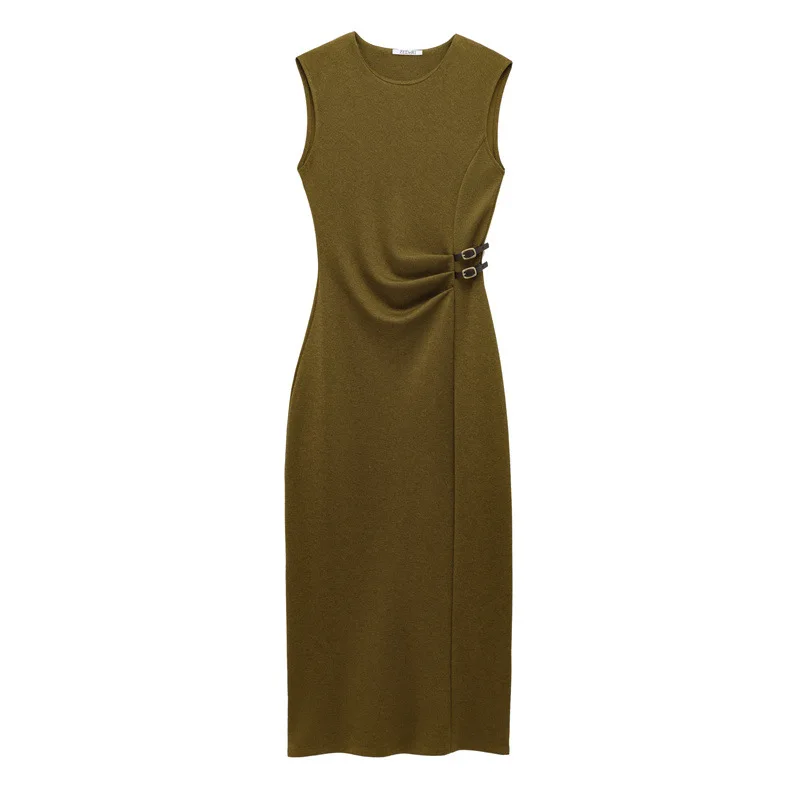 Solid Long Sleeveless Vest Dress Pleats Slim Fashion A Line Skirt O Neck Office Lady Party Dresses Summer Elegant Woman Clothing