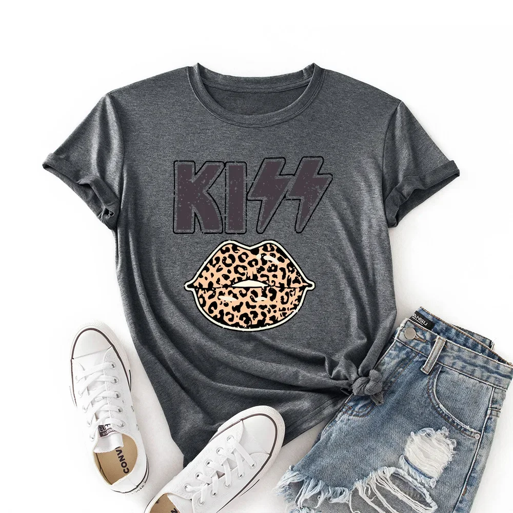 Sunmmer Wowen T Shirt Kiss Letter Leopard Lips Print Women's Tops Cute Graphic Vintage Short Sleeve Causal Harajuku Female Tee