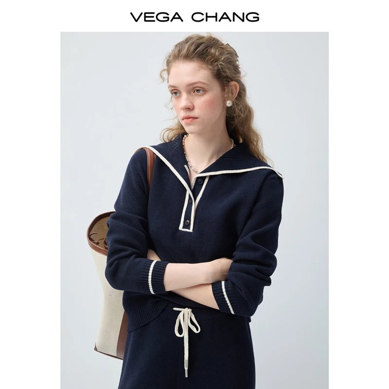 

Vega Chang Spring and Autum New Style Nautica Style Lapel Women's Knitted Sweater