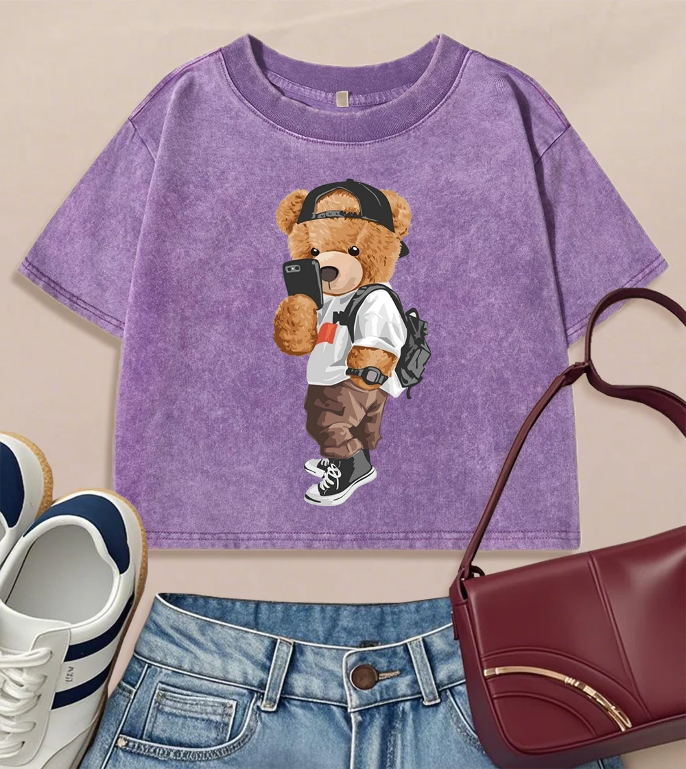ارتداء قبعة كول الدب Selfie طباعة غسلها المحاصيل تي شيرت المرأة خمر اللياقة البدنية الملابس القطن سليم قصيرة الأكمام Crewneck Y2K تي شيرت