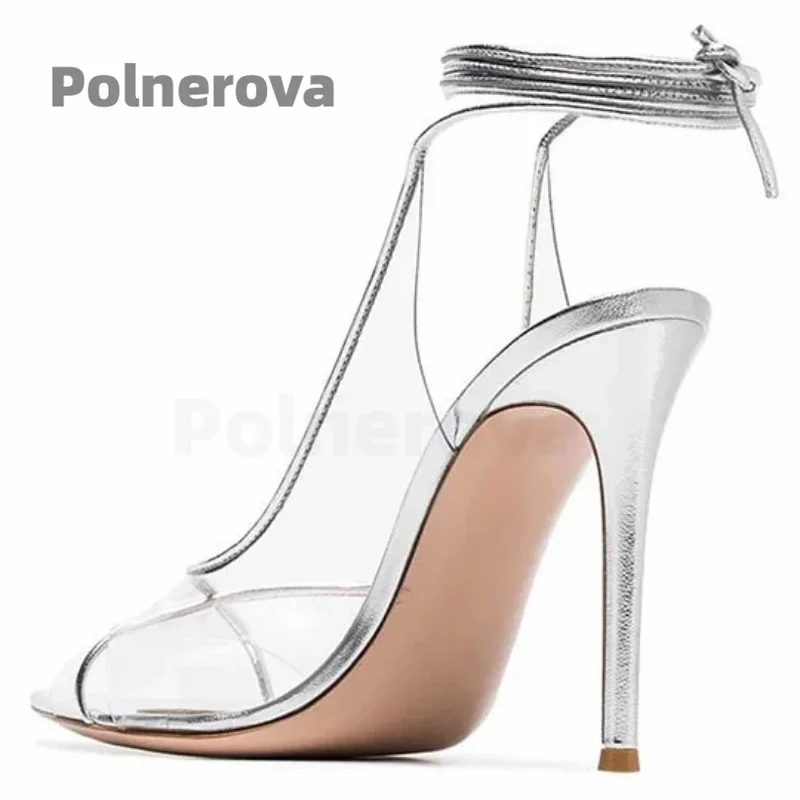 

Pink Strappy Pvc Transparent Sandals for Women Open Pointed Toe High Heels Summer Shoes Elegant Blue Silver Wedding Shoes