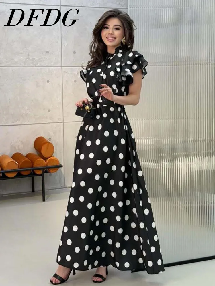 

Женское платье DFDG 2026 Весна-Лето макси в горошек с рюшами на рукавах, воротником-стойкой и поясом на талии, элегантное вечернее платье для вечеринок